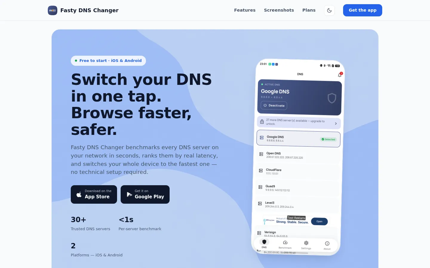Fasty DNS Changer — Switch DNS in one tap website preview
